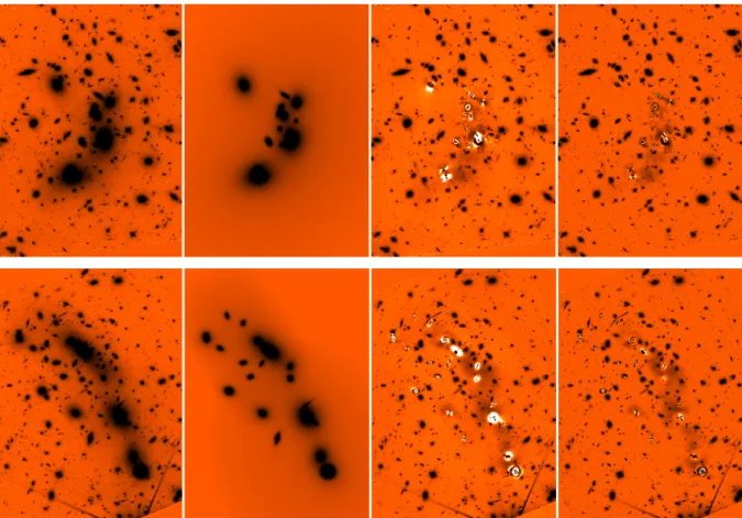 Fig. 2. Effects of the procedure on the A2744 (top) and M0416 (bottom) H160 image. Left to right: original image, models of galaxies, and ICL after STEP 4, processed image after subtraction of the models, final processed image after median filtering (STEP 