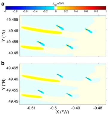 Fig. 12 Relative difference (Δ rel defined in Eq. 12) of velocity near- near-bed (NV) using explicit approach (top, dry cells are shown in grey) and parameterization approach (bottom) the 11 November 2011 in domain 4 at T2 = 17:30