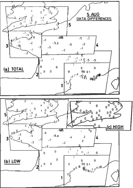 Fig. 6.  (a)  The difference  of total cloud amount in okras between  the surface  observer  and satellite retrieval  for the 124 stations for August 5, 1983
