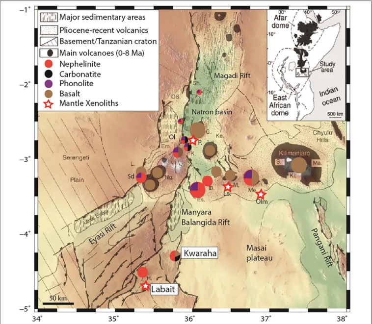 FIGURE 1 | Main structural and magmatic features of the North Tanzanian Divergence, and the locations of Labait and Kwaraha