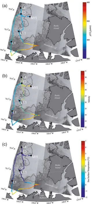 Figure 1. Underway surface water measurements: (a) observed pCO 2 , (b) salinity, and (c) sea surface temperature, overlain on a composite of RADARSAT-1 images collected during the study period