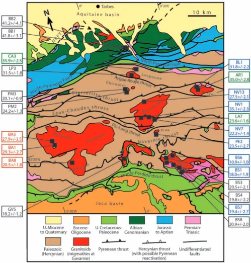 Fig. 1.- Geological map of the study area with location of the apatite fission track samples and their central ages in Ma