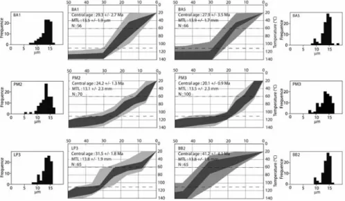 Fig. 3. Reverse time–temperature modelling of apatite fission track data (see methodology in the text)