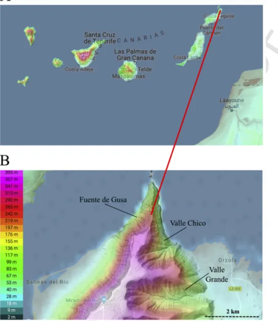 Fig. 1. A) Canary Archipelago in the eastern Central Atlantic Ocean with the location of Lanzarote, the northeasternmost island of the Archipelago and the closest one to the African coast.