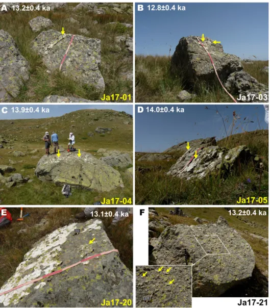 Fig. 3.Photos of sampled quartz veins on moraine boulders. Samples were taken from the inclined ﬂat face of the boulders (gentle dip (A), steep (B)) Note that the exposure duration is not a function of the boulder size (large (C), small (D)) and neither of