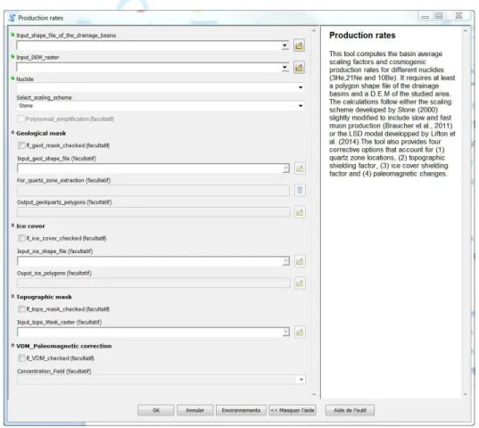 Fig. A: Production rates tool interface in ArcMap. This is the main interface where the user  must  specify  at  least  the  shape  file  of  the  drainage  basin  and  the  DEM