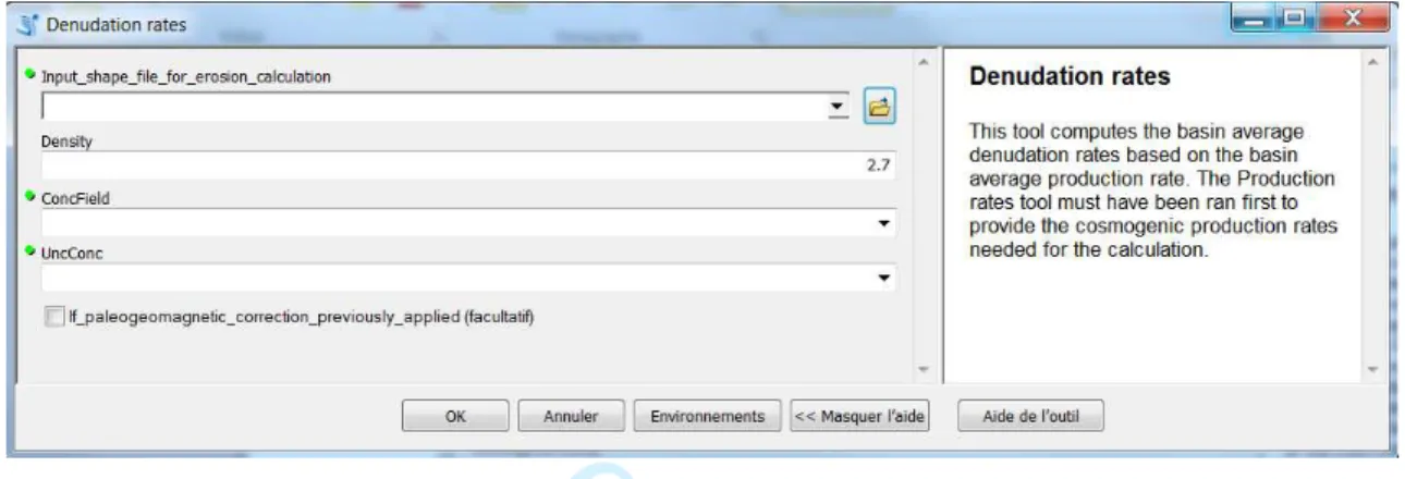 Fig.  B: Denudation  rates  tool  interface.  The  user  must  specify  the  path  to  the  shape  file where the concentrations in  10 Be and their uncertainties are stored
