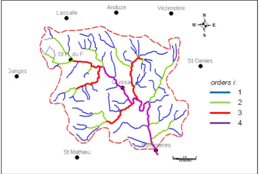 Figure 4: Example of Strahler classification on a hydrological network (South France) where the Horton-Strahler number is equal to 4