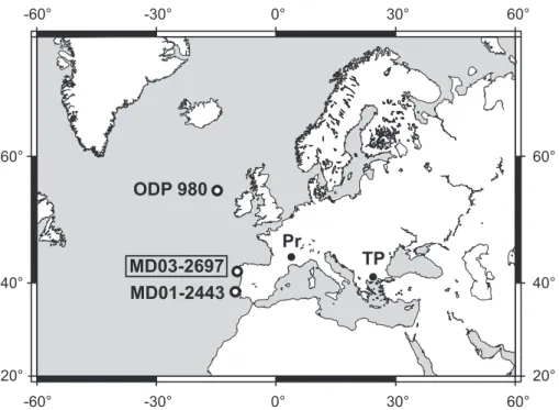 Fig. 1. Location of core MD03-2697 and other marine and terrestrial sequences discussed in the text.