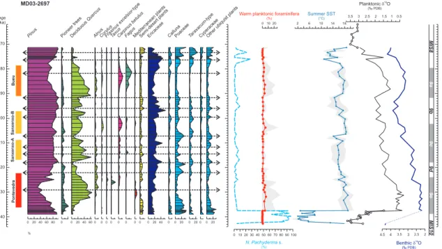 Fig. 3. Percentage pollen data for the main taxa and ecological groups and marine data plotted against age