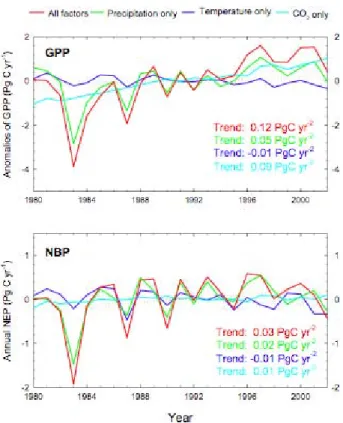 Fig. 7. Interannual changes and trends of GPP and NBP driven by different factors.