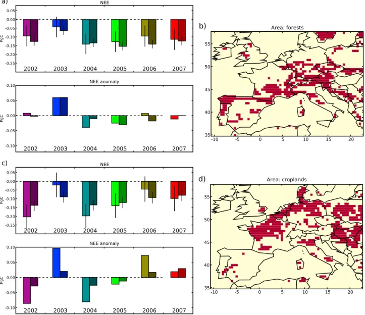 Figure 8. Summer NEE (PgC; negative values: sink) and NEE anomaly compared to the summer mean for 2002 – 2007