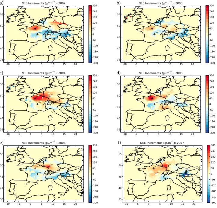 Figure 9. Map of summer NEE increments from inversion (gCm 2 ; negative values: sink): (a) 2002, (b) 2003, (c) 2004, (d) 2005, (e) 2006, and (f) 2007