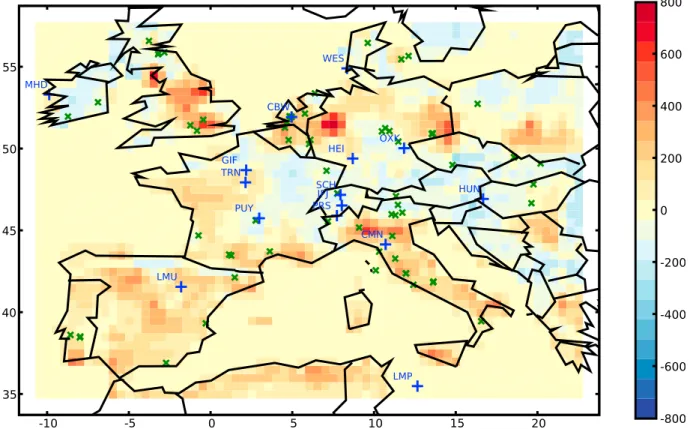 Figure 1. Location of the CE stations used for atmospheric concentration (pluses) and eddy covariance flux measurements (crosses), and the prior estimate of CO 2 fluxes (in gCm  2 ; negative values: sink) used in the simulation configuration for summer 200