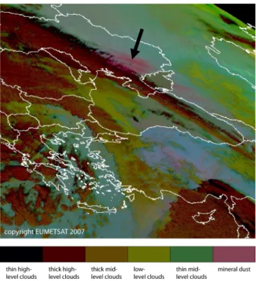 Fig. 1. Dust source activation on 23 March 11:00 UTC over the southern Ukraine (arrow)