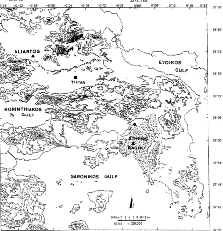 Figure 1: Map of the area including the rural station of Aliartos and the Athens basin with  elevation contours at 200m intervals