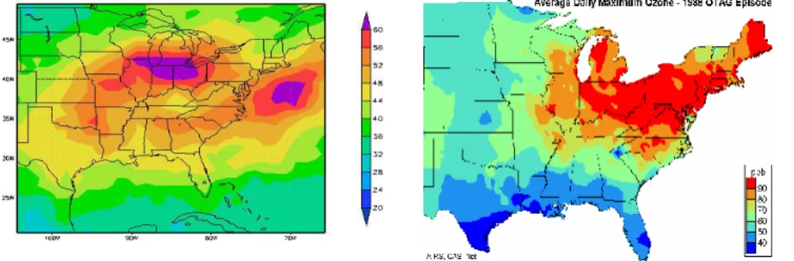 Figure 4.  Distribution of TOR during July 2-13, 1988, and analysis of average daily  surface maximum ozone concentration during an air pollution episode over the eastern  United States during the same days