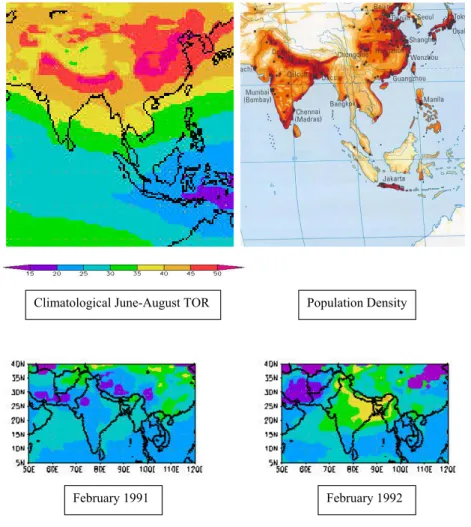 Figure 5.  Top two panels illustrate the climatological JJA TOR distribution over India  and southeast Asia with the distribution of population density