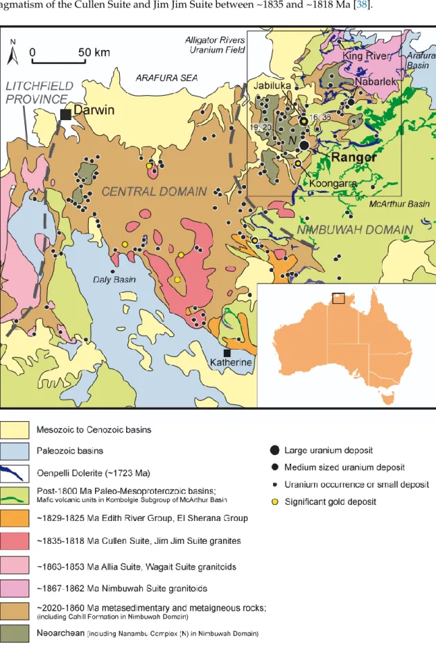 Figure  1.  Location  and  geology  of  the  Pine  Creek  Orogen  comprising  the  Nimuwah,  Central  and  Litchfield Domains, and the location of the Ranger deposit and other uranium and gold deposits and  occurrences within the Alligator Rivers Uranium F