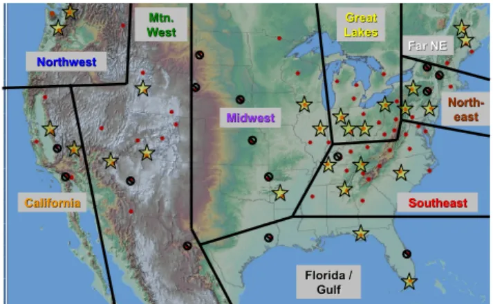Fig. 1. Map of the 83 CASTNet sites (red dots) in the US. Geo- Geo-graphic regions used in our analysis for the year 2001 are divided with black lines