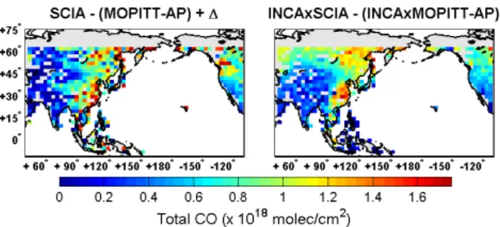 Fig. 6. (SCIAMACHY-MOPITT) boundary layer residual (BLR), observed by the instruments (left), and simulated by the model (right) for March-April-May 2005