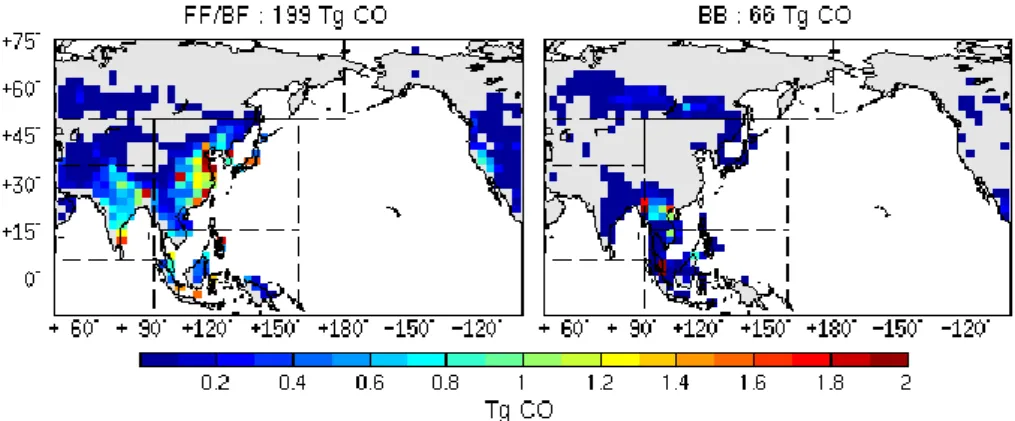 Fig. 1. Anthropogenic (left) and biomass burning (right) CO emissions, mapped onto the LMDz-INCA horizontal resolution (3.75 ◦ × 2.5 ◦ grid), used for the period March-April-May 2005