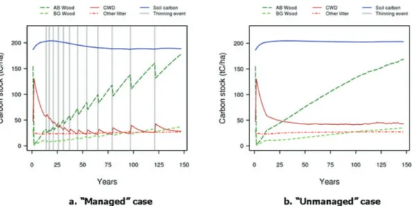 Fig. 5. Simulated carbon stocks during a rotation period in a temperate broadleaf forest stand (Bellassen et al., 2010b) (a) with management and (b) without management