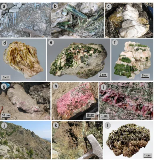 Figure 6. Field and hand specimens photographs demonstrating occurrences and crystals of gem- gem-quality Al 2 SiO 5 -polymorphs and epidote-group minerals of Greece: (a–d) Blue, green to orange  kyanite within metapelites and quartz veins at Trikorfo, Tha