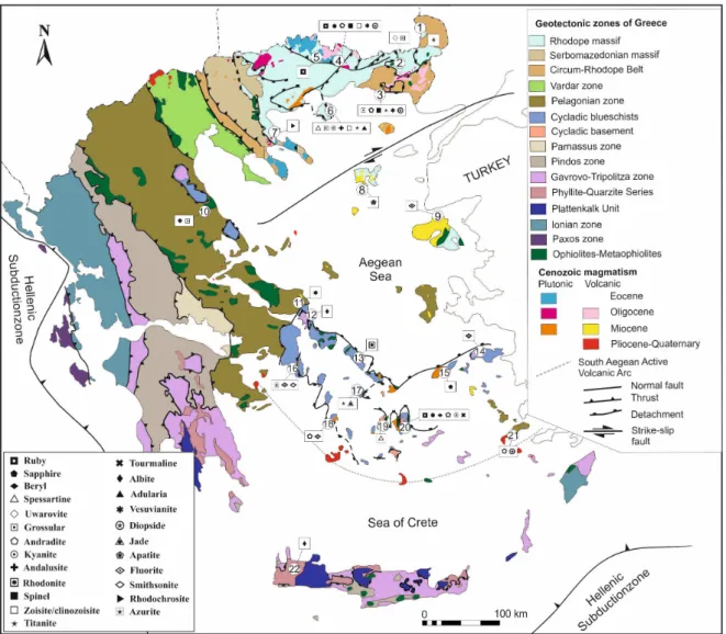 Figure 1. Occurrences of various gemstones in metamorphic and igneous rocks of Greece (Geological  map of Greece modified after Ottens and Voudouris [17]): 1