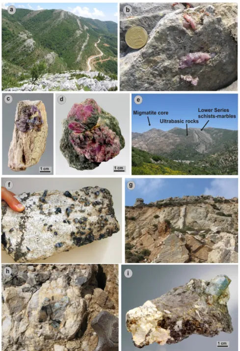 Figure 3. Field and hand specimens photographs demonstrating gem corundum and beryl  occurrences/crystals from Greece: (a) Corundum-bearing marbles alternating with amphibolites  along the Nestos suture zone, Gorgona/Xanthi area; (b,c) Pink to purple sapph