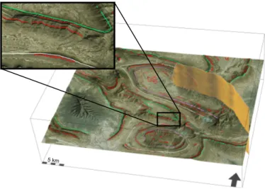 Fig. 5. 3D view of interpreted contours, stratal traces and salt weld on the digital terrain model