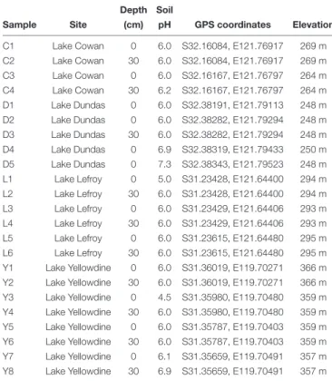 TABLE 1 | Sample site descriptions for sediments from Lake Cowan (C), Lake Dundas (D), Lake Lefroy (L), and Lake Yellowdine (Y).