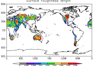 Fig. 1. Updated annual mean field of aerodynamic surface rough- rough-ness length Z 0 (cm) with a horizontal resolution of 1.8 ◦ × 1.8 ◦  (Pri-gent et al., 2005)