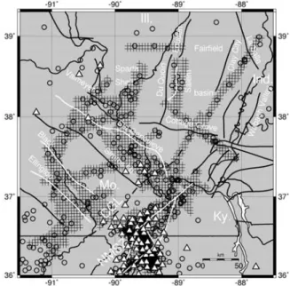 Figure 3. Map showing the results of the Blade Method applied to the seismicity of southern Illinois and  south-eastern Missouri