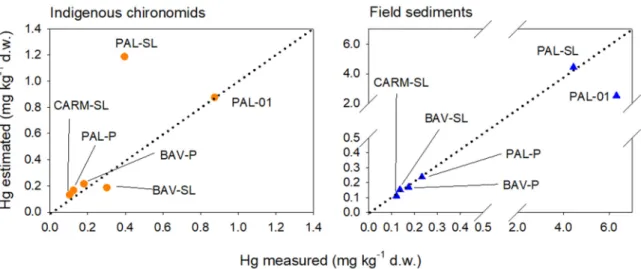 Figure 3. Scatterplot of measured vs. estimated Hg concentration values for ‘Indigenous  chironomids’ and ‘Field sediments’