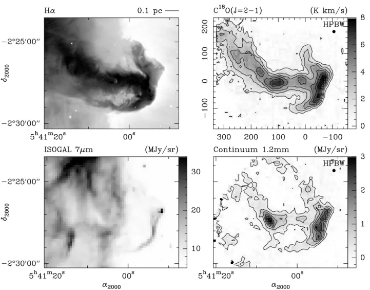 Fig. 1. Upper left: H α line emission map obtained at the 0.9 m KPNO telescope (courtesy of Reipurth &amp; Bally)