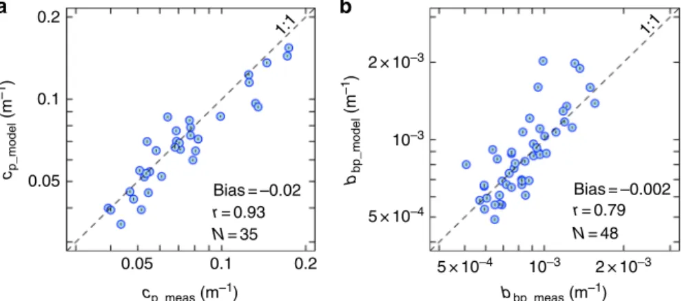 Fig. 1 Mie theory cannot simultaneously reproduce beam attenuation and backscattering coef ﬁ cients