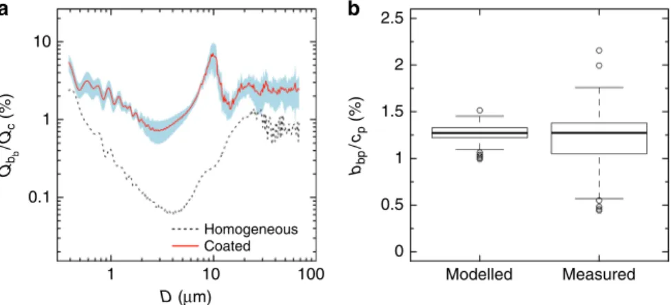 Fig. 7 Modelled and measured b bp -to- c p ratios. a Percent ratios of particulate backscattering ( Q b b ) to the beam attenuation ( Q c ) ef ﬁ ciency factors at 532 nm, as a function of the particle diameter ( D , units of µ m)