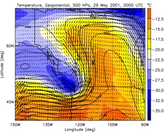 Fig. 2. Equivalent potential temperature, θ e , (color scale), normal- normal-ized surface pressure (hPa, white contours), and wind field (arrows) at the 9th level of the vertical hybrid coordinate system (approx.