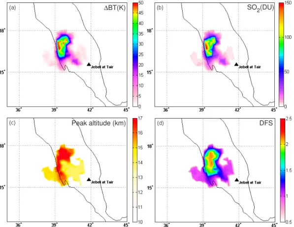 Fig. 8. Different views of the volcanic plume from the eruption at Jebel at Tair on 30 September 2007 around 18:48 UTC