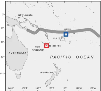 Figure 1: South Pacific map with the location of Ile des Pins (New Caledonia, red square) and  Wallis (Blue square) in relationship with the rainfall maximum axis of the South Pacific  Convergence Zone (modified from Folland et al