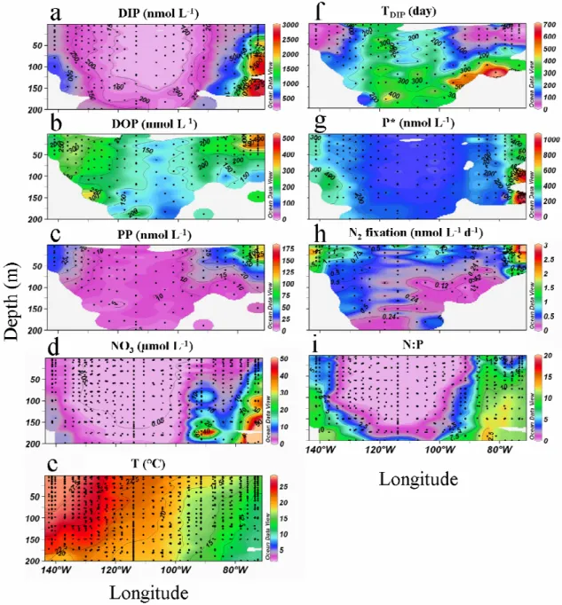 Fig. 2. (a) DIP, (b) DOP, (c) PP, (d) NO − 3 , (e) Temperature, (f) DIP turnover time, (g) P*, (h) N 2 fixation rates and (i) NO − 3 /DIP measured during the BIOSOPE cruise (November–December 2004) in the South Pacific between the Marquesas Islands and the