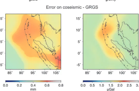 Figure 5. A posteriori error on the coseismic jump affecting the geoid (left-hand panel) and the gravity (right-hand panel) from the GRGS solutions.