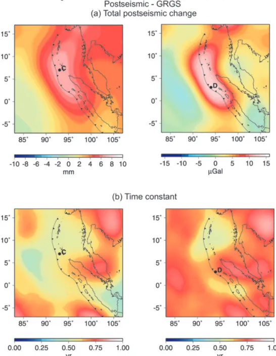 Figure 6. Total postseismic change (a) and time constant (b) of the postseismic relaxation affecting the geoid (left-hand panels) and the gravity (right-hand panels) estimated from the GRGS solutions