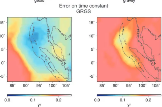 Figure 7. A posteriori error on the time constant of the postseismic relaxation affecting the geoid (left-hand panel) and the gravity (right-hand panel) estimated from the GRGS solutions.