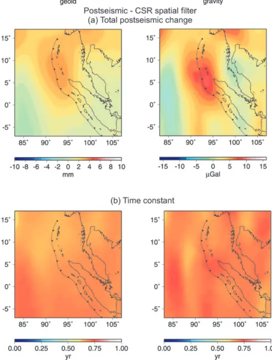 Figure 9. Total postseismic gravity change (a) and time constant (b) of the postseismic relaxation affecting the geoid (left-hand panels) and the gravity (right-hand panels) from the CSR-RL04 solutions after smoothing with a 350-km Gaussian filter.