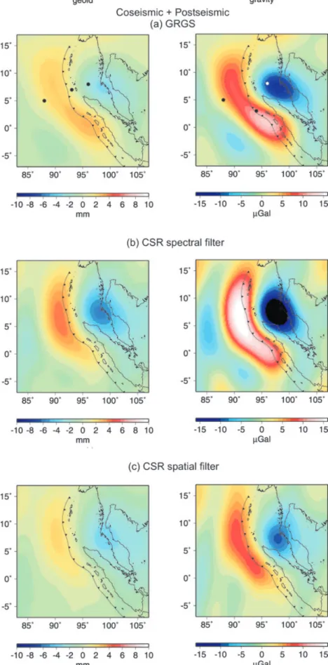 Figure 10. Permanent effect (coseismic + postseismic) 26 months after the earthquake affecting the geoid (left-hand panel) and the gravity (right-hand panel) from the GRACE gravity fields of GRGS (a) and CSR after a spectral filtering with a cosine taper o