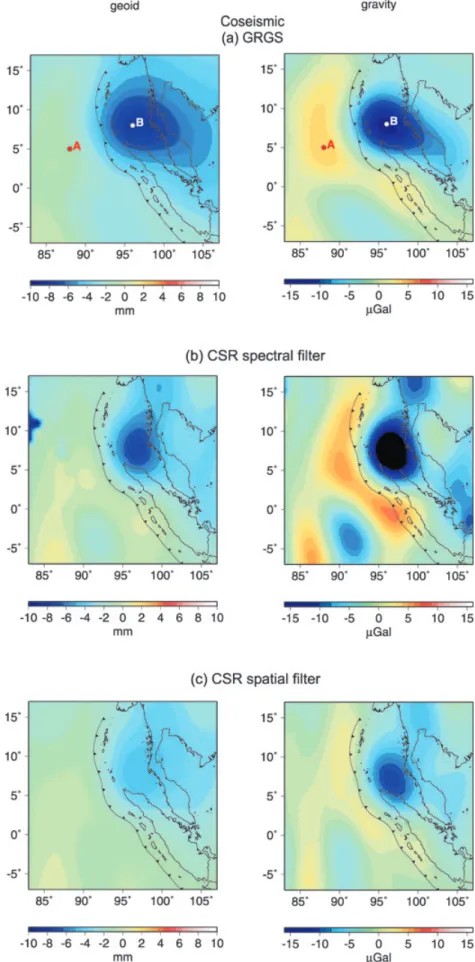 Figure 4. Coseismic jump affecting the geoid (left-hand panels) and the gravity (right-hand panels) estimated from the GRACE gravity fields of GRGS (a) and CSR after a spectral filtering with a cosine taper over degrees  = 30–50 (b) or a smoothing with a 3
