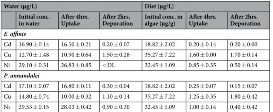 Table 2.  Metal concentrations (µ g/L) in water before exposure, after 4 hours’ exposure to mixture of dissolved  metals (Water) (Cadmium (Cd); Copper, Cu; Nickel (Ni)) and dietary metals (Diet) and after 2 hours’ 