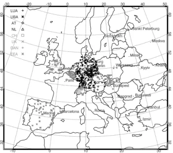 Fig. 4. The EURAD integration domain resolved with 54 km res- res-olution and locations of available surface measurement stations for 9 August 1997